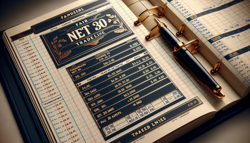 Vintage-style financial ledger open to a page labeled 'Fair Net30 Tradeline' with detailed transaction records and a fountain pen resting on the binder, symbolizing business credit management and vendor selection for Net30 accounts.