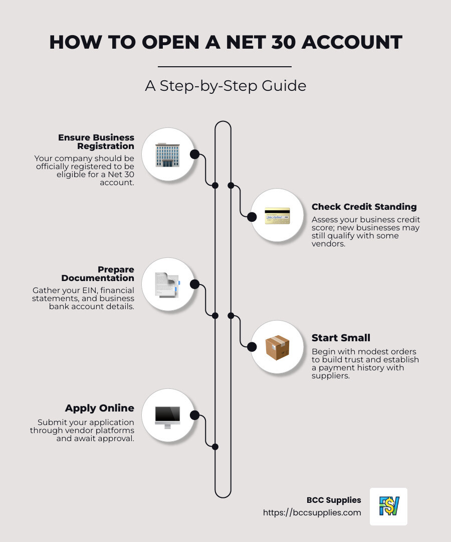 A detailed step-by-step guide on how to open a net 30 account, featuring business registration, credit check, and document preparation. - how to open a net 30 account infographic infographic-line-5-steps-neat_beige