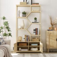d0102h2jc4v-1.jpg Rattan bookshelf 5 tiers Bookcases Storage Rack with cabinet for Living Room Home Office