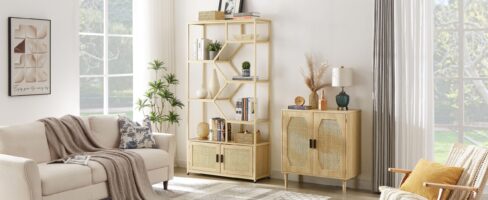 d0102h2jc4v-6.jpg Rattan bookshelf 5 tiers Bookcases Storage Rack with cabinet for Living Room Home Office