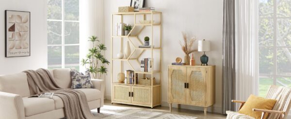 d0102h2jc4v-6.jpg Rattan bookshelf 5 tiers Bookcases Storage Rack with cabinet for Living Room Home Office