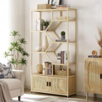 d0102h2jc4v-9.jpg Rattan bookshelf 5 tiers Bookcases Storage Rack with cabinet for Living Room Home Office