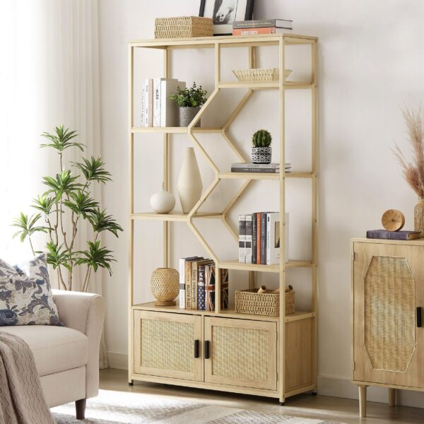 d0102h2jc4v-9.jpg Rattan bookshelf 5 tiers Bookcases Storage Rack with cabinet for Living Room Home Office