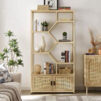 d0102h2jc4v.jpg Rattan bookshelf 5 tiers Bookcases Storage Rack with cabinet for Living Room Home Office