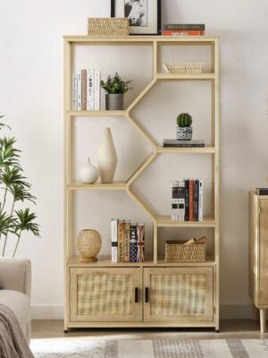 Rattan bookshelf 5 tiers Bookcases Storage Rack with cabinet for Living Room Home Office