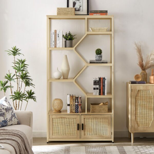 d0102h2jc4v.jpg Rattan bookshelf 5 tiers Bookcases Storage Rack with cabinet for Living Room Home Office