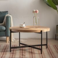 d0102h74ict-1.jpg 33"Modern Thread Design Round Coffee Table , MDF Table Top with Cross Legs Metal Base