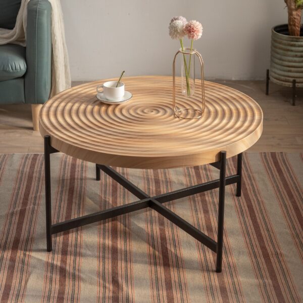 d0102h74ict.jpg 33"Modern Thread Design Round Coffee Table , MDF Table Top with Cross Legs Metal Base