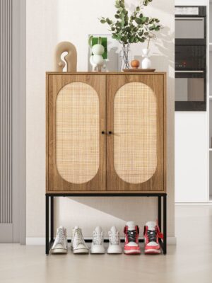 Natural rattan, Allen 2 Door high cabinet, rattan, Built-in adjustable shelf, Easy Assembly, Free Standing Cabinet for Living Room Bedroom