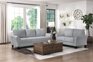 d0102haj9p7-2.jpg Modern 1pc Loveseat Textured Fabric Upholstered Rounded Arms Attached Cushions Transitional Living Room Furniture