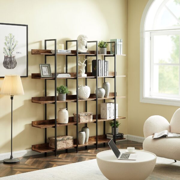 5 Tier Bookcase Home Office Open Bookshelf, Vintage Industrial Style Shelf with Metal Frame, MDF Board