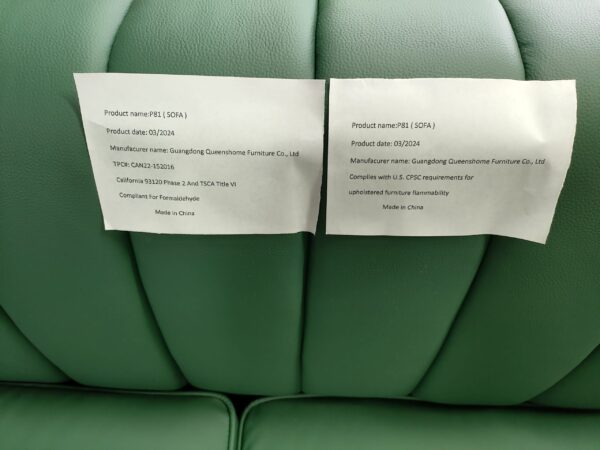 FX-P81PU-GR SOFA Modern Green PU Sofa with Gold Accents - Sleek Channel-Tufted Upholstery, 3-Seat Couch for Living Room and Office Decor(TEMU Suitable)