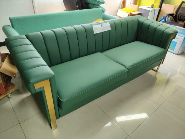FX-P81PU-GR SOFA Modern Green PU Sofa with Gold Accents - Sleek Channel-Tufted Upholstery, 3-Seat Couch for Living Room and Office Decor(TEMU Suitable)