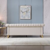 FX-P81-CW2 SOFA Modern Cream Velvet Sofa with Gold Accents - Sleek Channel-Tufted Upholstery, 3-Seat Couch for Living Room and Office Decor(TEMU Suitable)