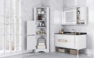 Tall Bathroom Corner Cabinet, Freestanding Storage Cabinet with Doors and Adjustable Shelves, MDF Board