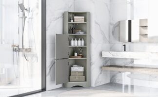 Tall Bathroom Corner Cabinet, Freestanding Storage Cabinet with Doors and Adjustable Shelves, MDF Board