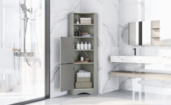 Tall Bathroom Corner Cabinet, Freestanding Storage Cabinet with Doors and Adjustable Shelves, MDF Board
