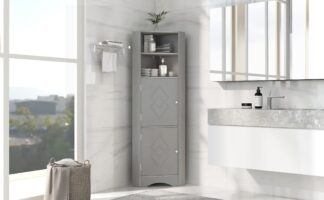 Tall Bathroom Corner Cabinet, Freestanding Storage Cabinet with Doors and Adjustable Shelves, MDF Board