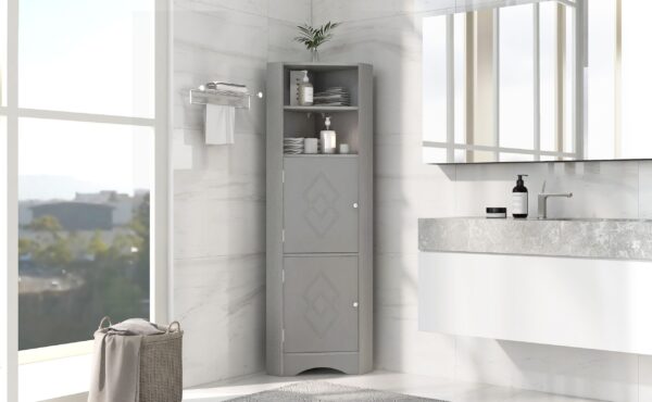 Tall Bathroom Corner Cabinet, Freestanding Storage Cabinet with Doors and Adjustable Shelves, MDF Board