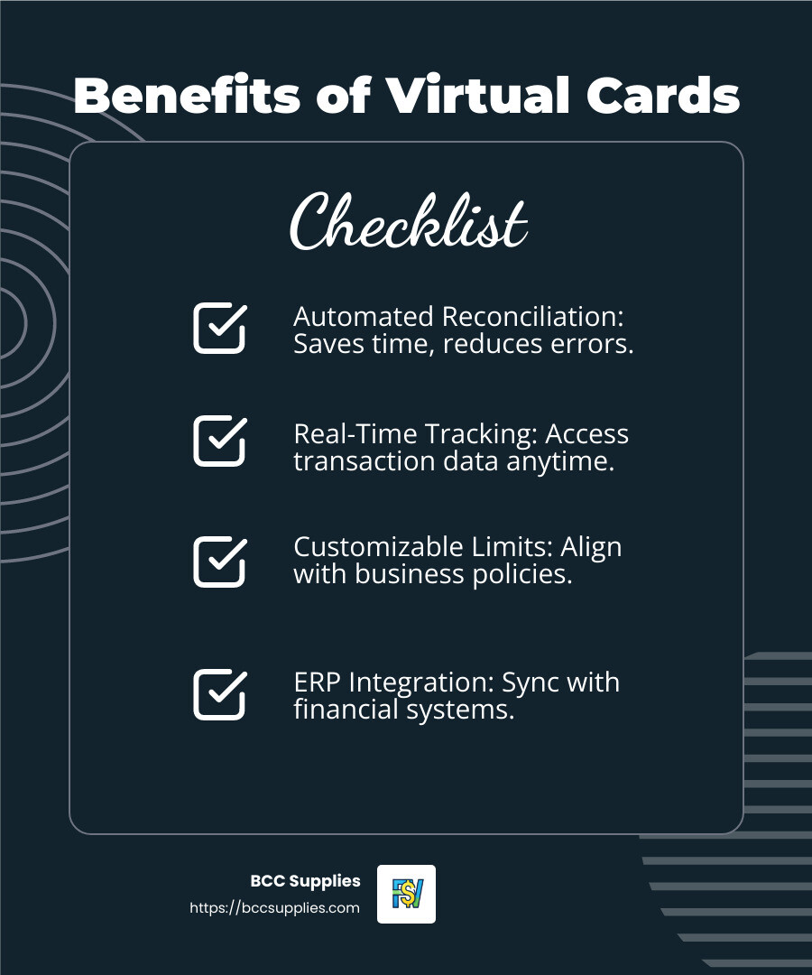 Virtual business credit cards offer improved security and control for modern businesses. - Virtual business credit cards infographic checklist-dark-blue Virtual business credit cards offer improved security and control for modern businesses. - Virtual business credit cards infographic checklist-dark-blue