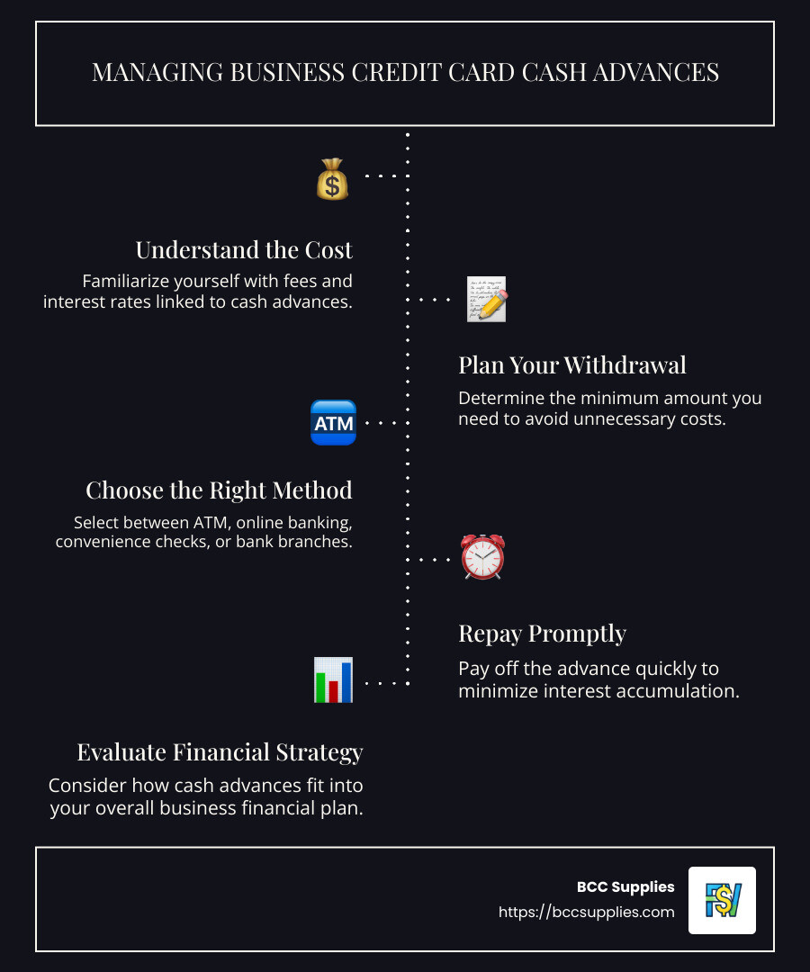 Infographic detailing steps and tips for managing a business credit card cash advance including pros, cons, and cost considerations - business credit card cash advance infographic infographic-line-5-steps-dark Infographic detailing steps and tips for managing a business credit card cash advance including pros, cons, and cost considerations - business credit card cash advance infographic infographic-line-5-steps-dark
