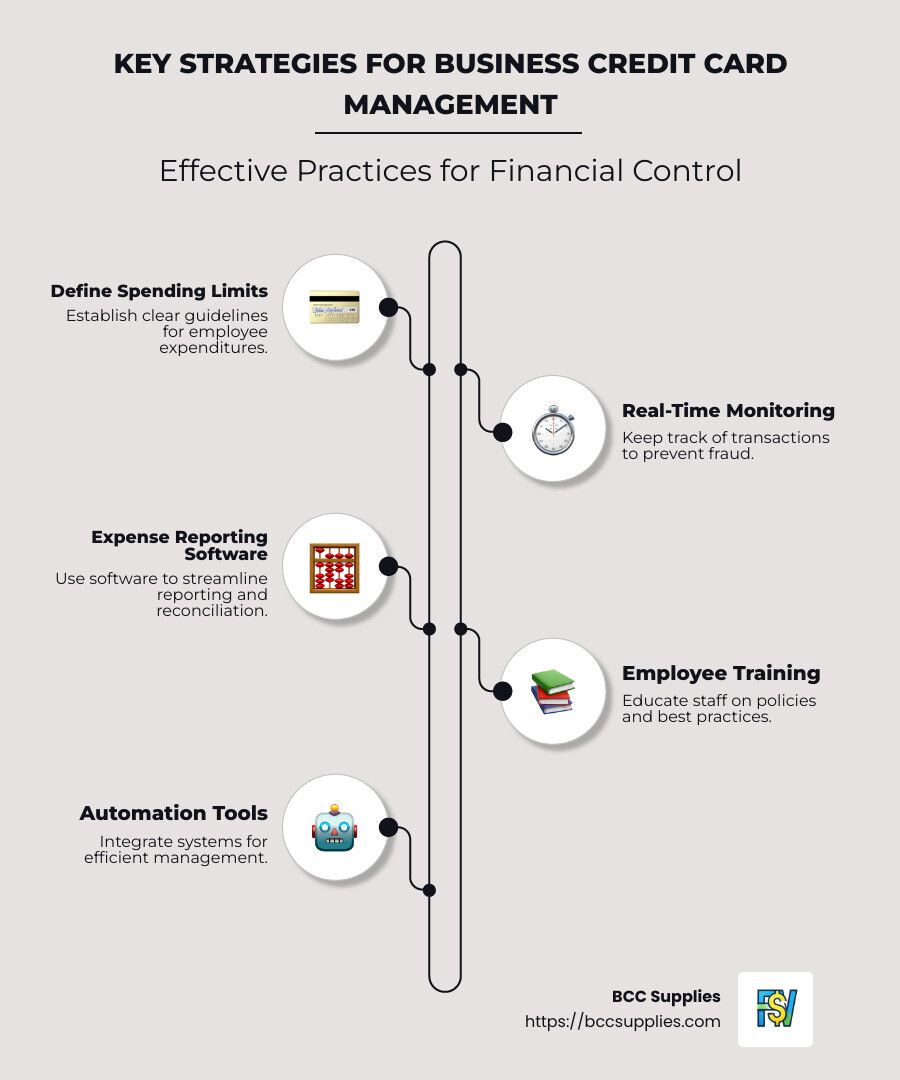 Infographic of key strategies for business credit card management, including real-time monitoring, spending limits, and use of expense reporting software - Business credit card management infographic infographic-line-5-steps-neat_beige Infographic of key strategies for business credit card management, including real-time monitoring, spending limits, and use of expense reporting software - Business credit card management infographic infographic-line-5-steps-neat_beige