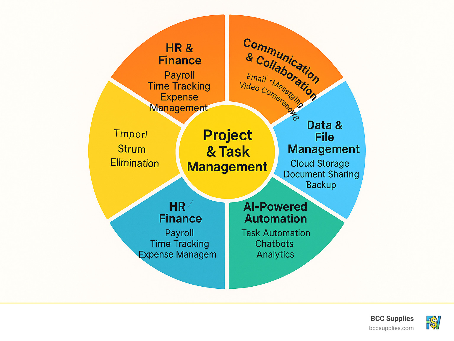 Category wheel infographic showing six main business productivity tool categories: Project & Task Management (center), Communication & Collaboration, Data & File Management, AI-Powered Automation, HR & Finance, and Integration & Security, with popular tool types listed in each segment - business productivity tools infographic 