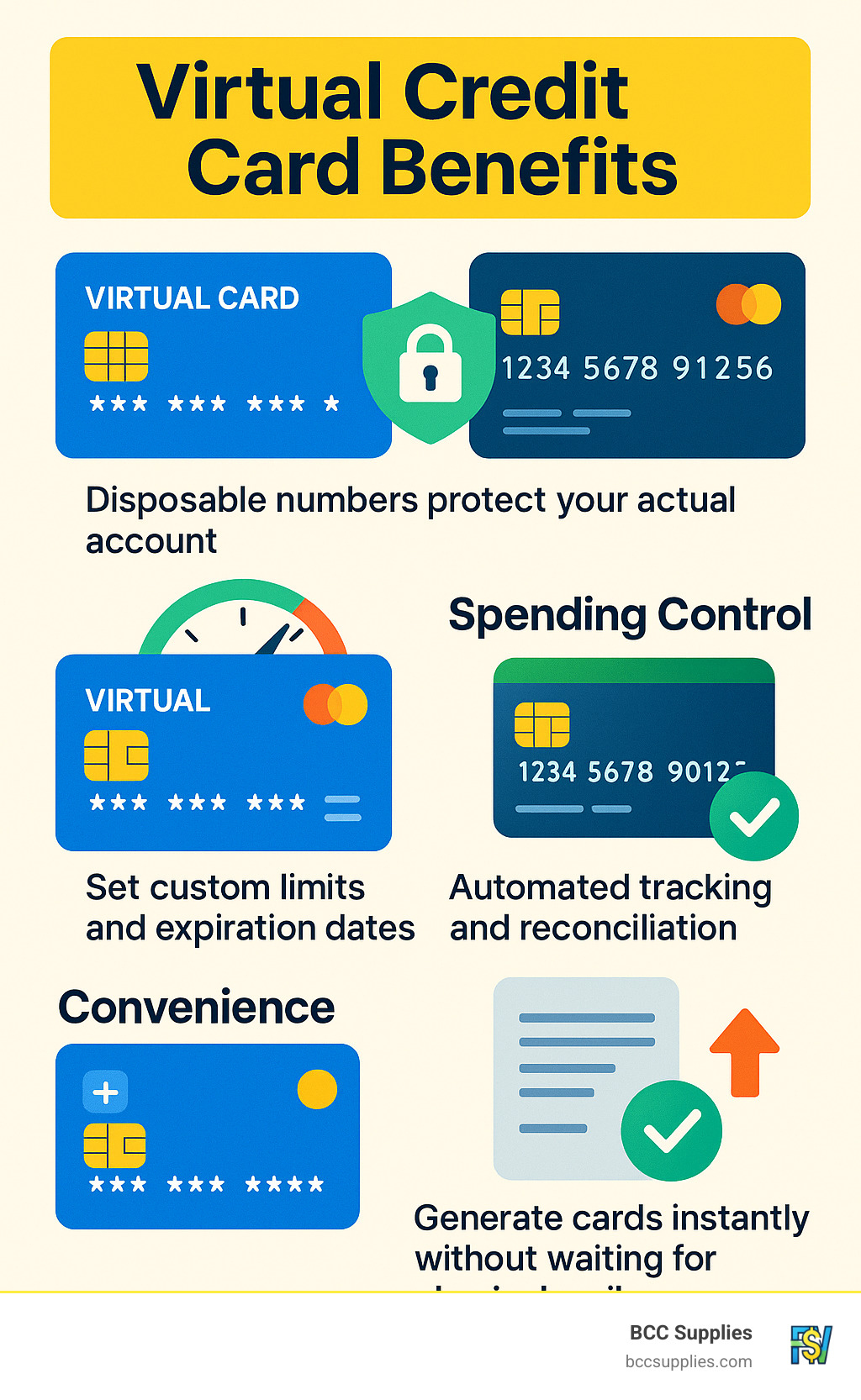 Detailed comparison of virtual credit card benefits showing improved security features, spending control options, and expense management advantages compared to traditional physical credit cards - Virtual credit card benefits infographic 